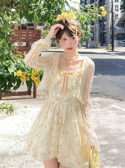 Bubble Sweet Kleid mit selbstbindenden Trägern Slip Apricot Blumenmuster Rock Urlaub