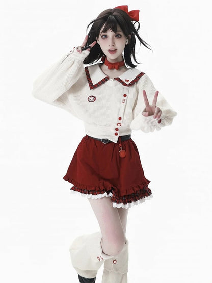 Collar with Crop and Sweatshirt Red Apple Regular/Thicken Embroidery Plaid Knit White