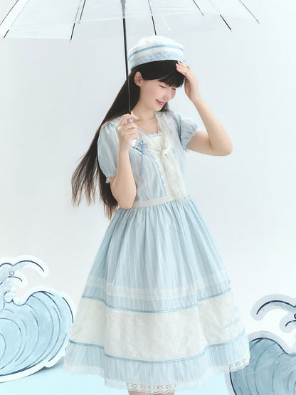 Blue & White Sailor Hat with Bow and Letter Details