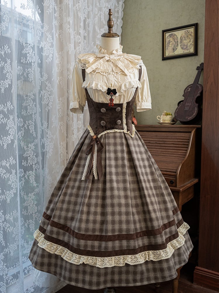 Robe Lolita marron à carreaux sous la poitrine, jupe pull Lolita