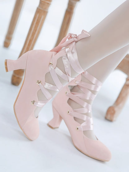 Design Lolita Shoes Pink Closure High-heel Toe Elegant Pointed with Lace-up