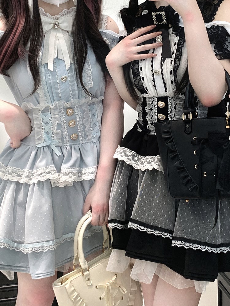 Jirai Kei Black/White/Red/Light Open Shoulder Sweetheart Blue