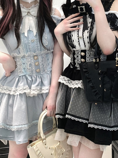 Jirai Kei Black/White/Red/Light Buttons Blue Open Shoulder Sweetheart Lace Trim Blouse