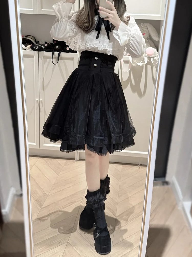 Jirai Long Design Detailed - Tiered Skirt Black High-Waist Heart Button Kei Version