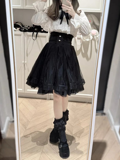 Jirai Long Design Detailed - Tiered Skirt Black High-Waist Heart Button Kei Version