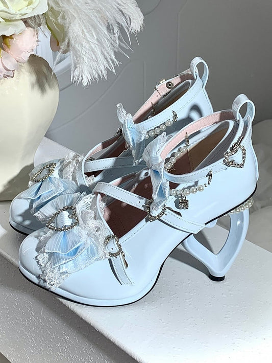 Lolita Hime High-heel Blue Lace Bow Trimmed Shoes -