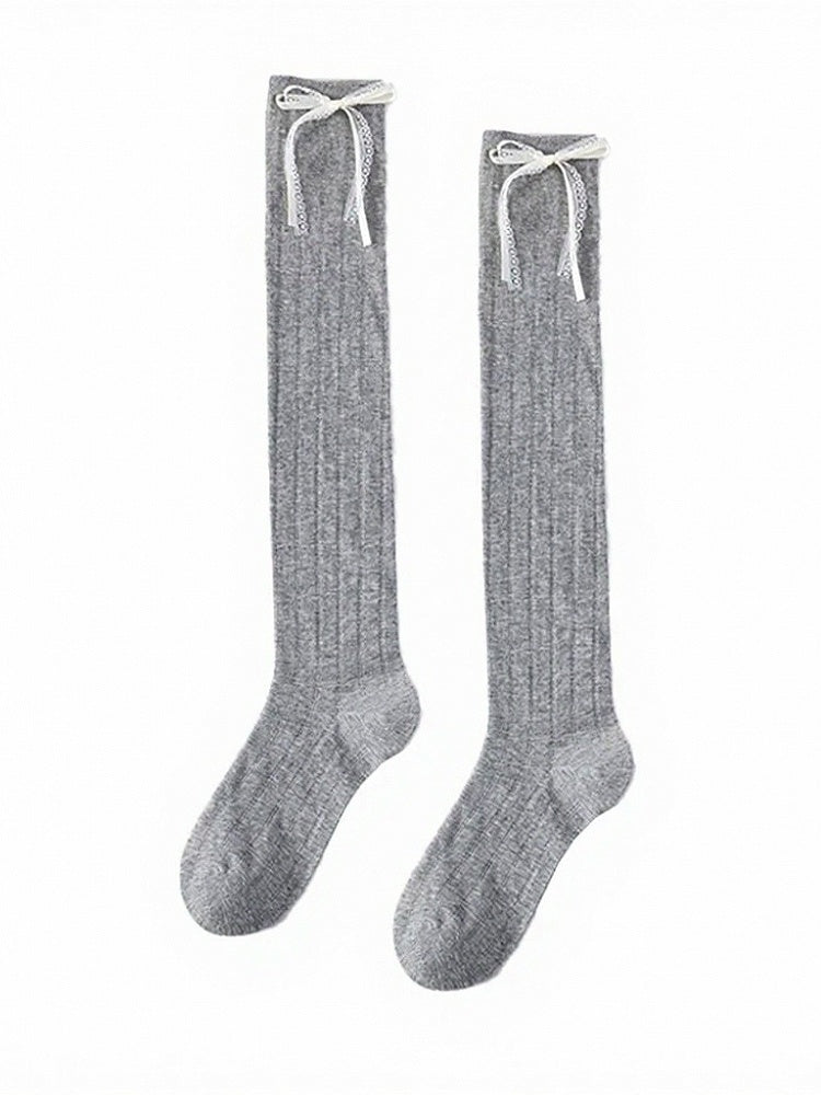 Striped Calf Socks with White Bowknot - ModaSwings