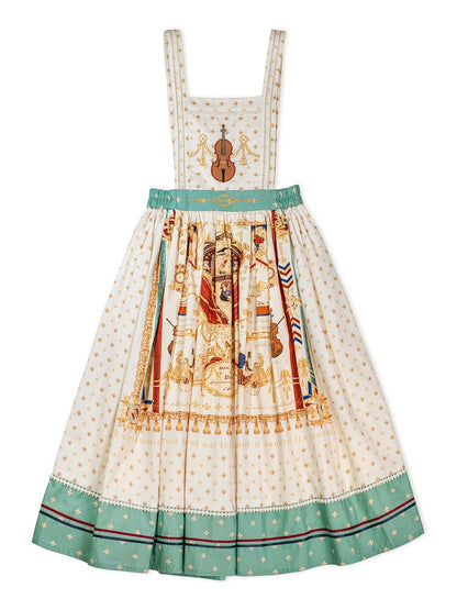 White Musical Print Overall Dress with Detachable Straps - Crucis Universal Tailor Company