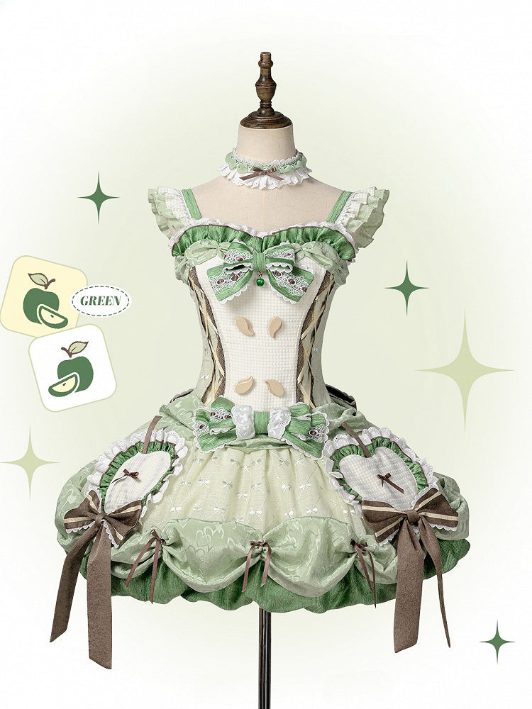 Stäbchenrock, Pullover, Bubble-Mieder, Korsett, Lolita-Applikation, Apfel, süßes Grün