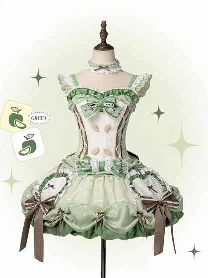 Stäbchenrock, Pullover, Bubble-Mieder, Korsett, Lolita-Applikation, Apfel, süßes Grün