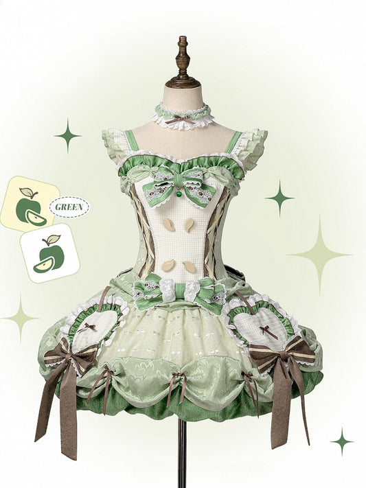 Stäbchenrock, Pullover, Bubble-Mieder, Korsett, Lolita-Applikation, Apfel, süßes Grün