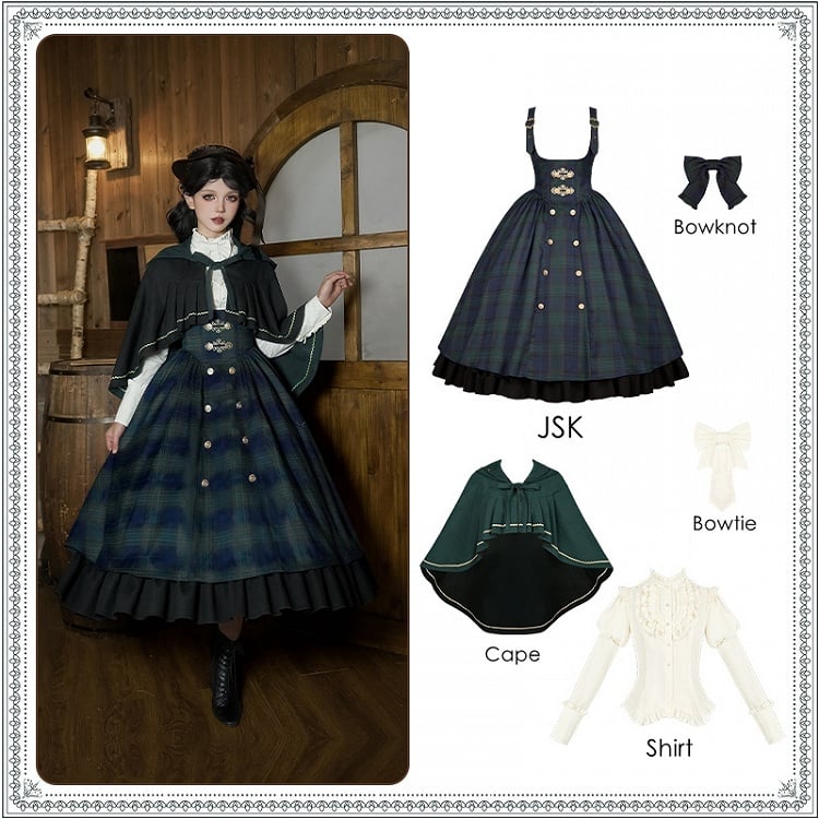 Lolita + Pattern Long Set Plaid Green Preppy Version Style - JSK