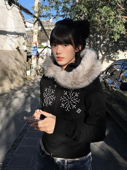 Trim Detachable Snowflake with Faux Hood Hooded Black Fur Rhinestone Jacket Zip-up