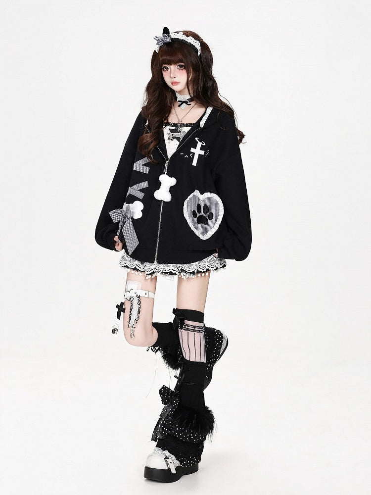 Kawaii Ruffled Kitty-Ear Hooded Jacket with Bow and Heart Patch in Black - CRAZY GIRL