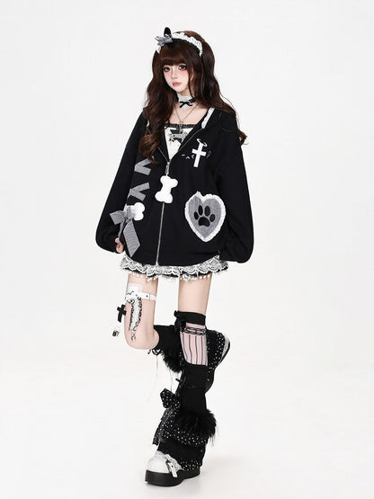 Kawaii Ruffled Kitty-Ear Hooded Jacket with Bow and Heart Patch in Black - CRAZY GIRL