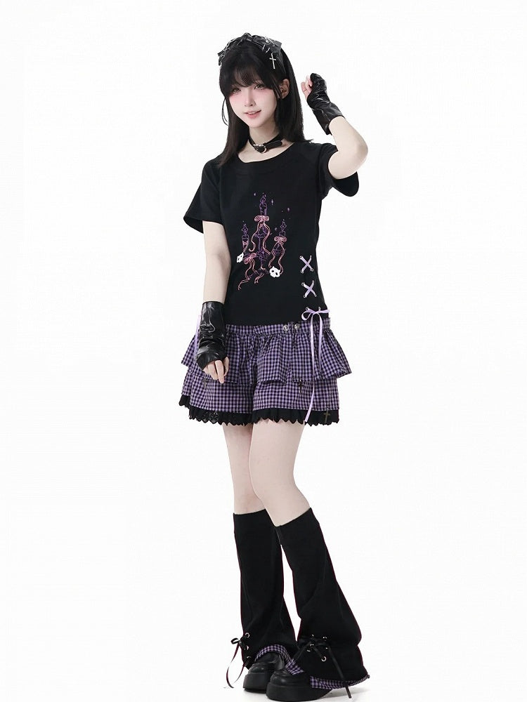 レッグウォーマー パープルチェック柄裾 ブラックレースアップディテール