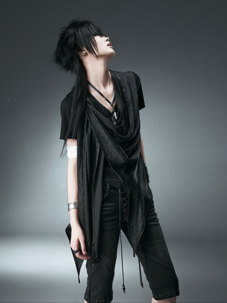 Black Hooded Vest with Asymmetrical Neckline & Cross Design at Back - CroixDragon