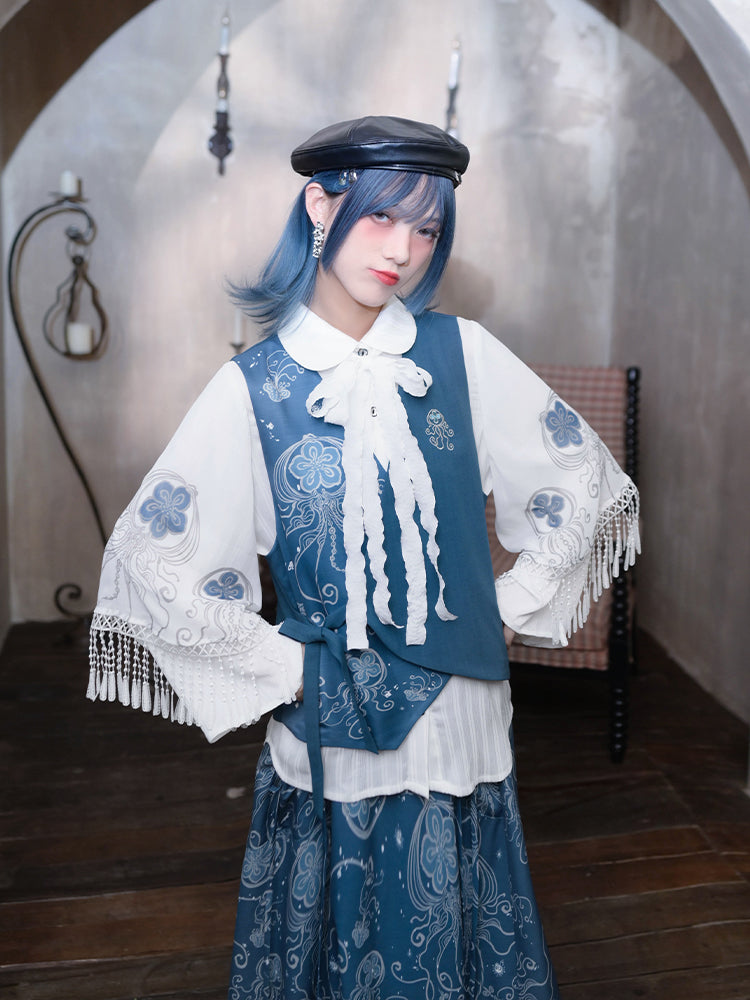 White Peter Pan Collar Bell-Sleeve Shirt with Jellyfish Print & Ribbons - Quirky Hut