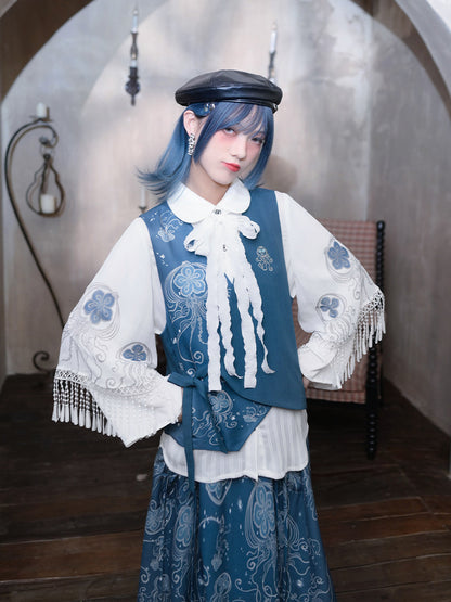 White Peter Pan Collar Bell-Sleeve Shirt with Jellyfish Print & Ribbons - Quirky Hut
