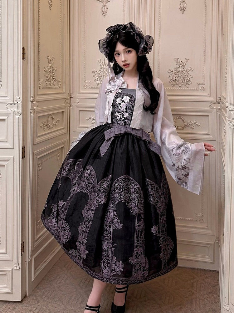 Asian Noir Purple Boned Bow Floral JSK Dress - Yimu Walnut