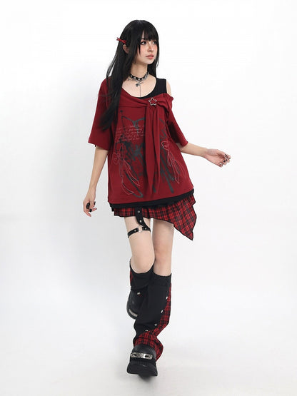 Cutout Shoulder Tee with Bow Print in Red - Catwish