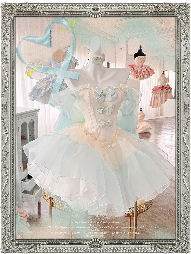 Grünes Mieder-Korsett-Oberteil mit Schleifenverzierung und bauschigem Rock, gelbes Balletcore-Set