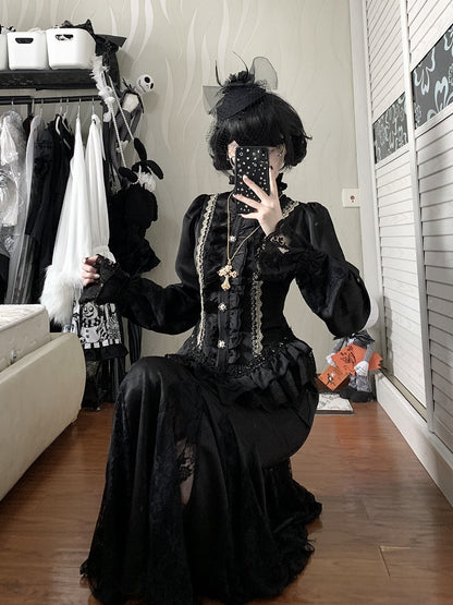 Sleeves Blouse + Ruffled Skirt Lolita Classic Details with Golden Lace Black Mermaid Long Set Elegant