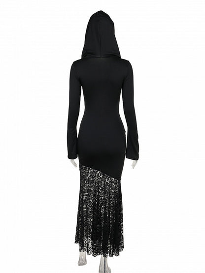 Halloween Cross Witch with Cut-Out Hooded Embroidered Floral Black Dress Lace Gothic