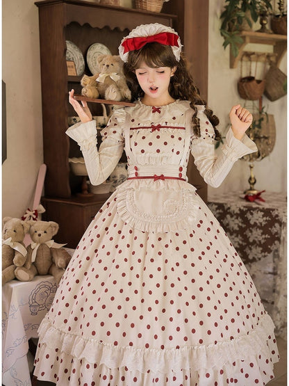 Long Beige and Red Polka Dot Puff-Sleeve Faux Layered Lolita OP Set with Apron - With PUJI