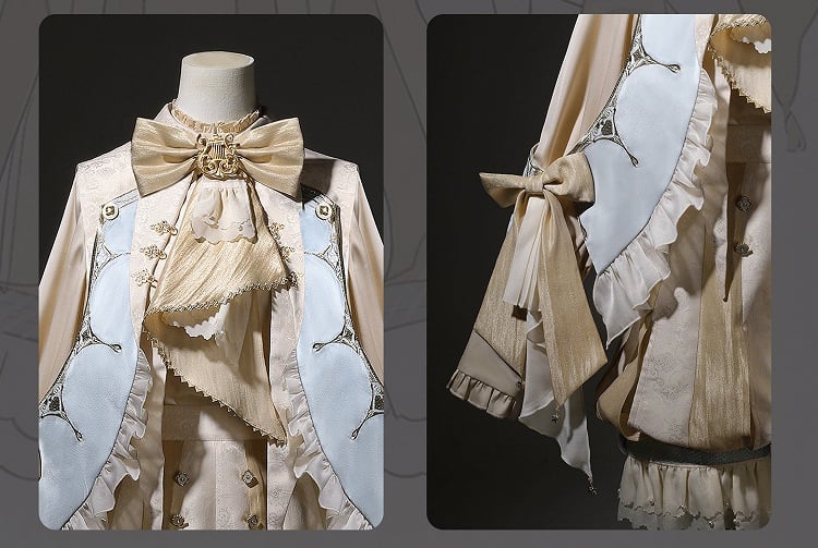 Bishop Sleeve Ouji Shirt and Striped Shorts Set with Angel Wing Collar - Unknown Star