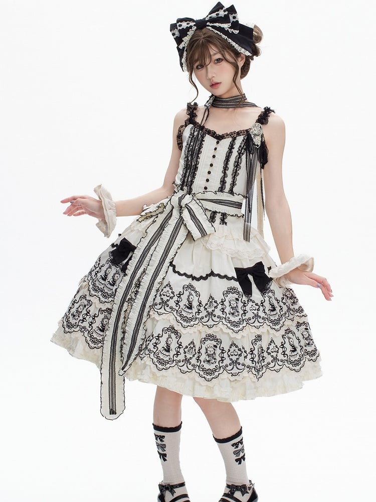 Lolita with Edge Scalloped Layered Elegant Trim Black Rabbit Pattern White Skirt