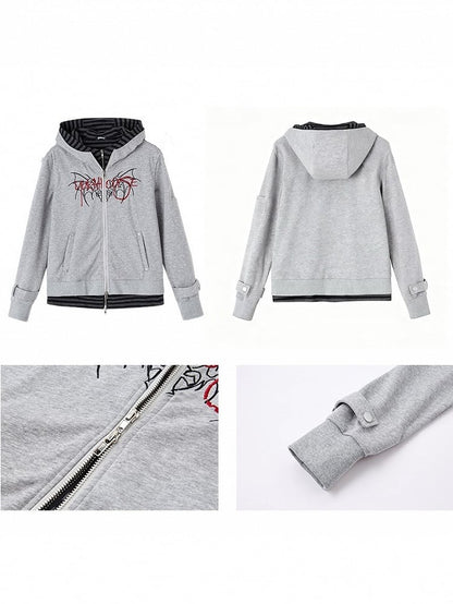 Hooded Wing Embroidery Hoodie Two-in-One Striped Inner Gray with Crop Punk Jacket