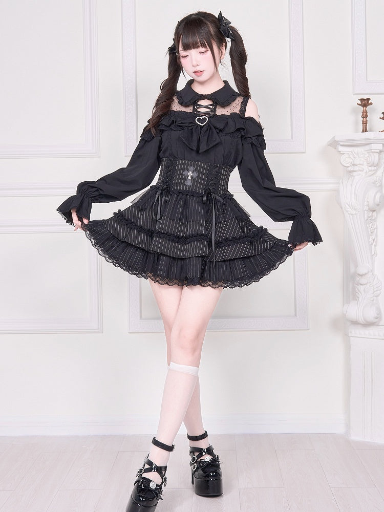 und Detail langes Top Illusion Ärmel Bluse Schulter Jirai mit schwarzem offenen Ausschnitt Kei