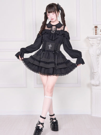 und Detail langes Top Illusion Ärmel Bluse Schulter Jirai mit schwarzem offenen Ausschnitt Kei