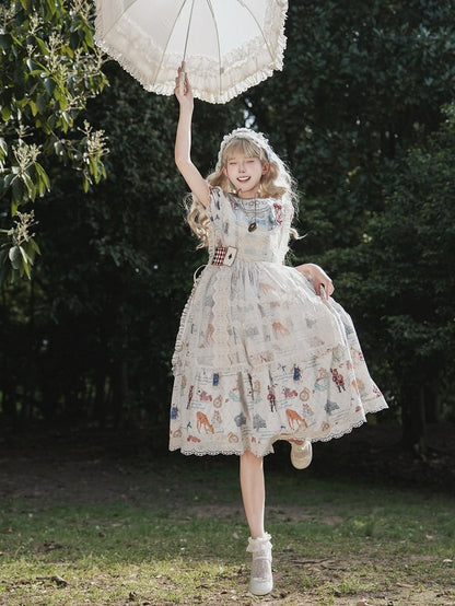 Azure Alice in Wonderland Print Round Neck Sweet Gown with Drawstring Waist - Forest Fairy Tales