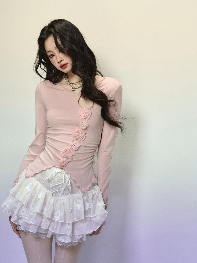 Gestricktes Detail Halsausschnitt Blumen verziert Cutout Top Rosa Rund Glamorous