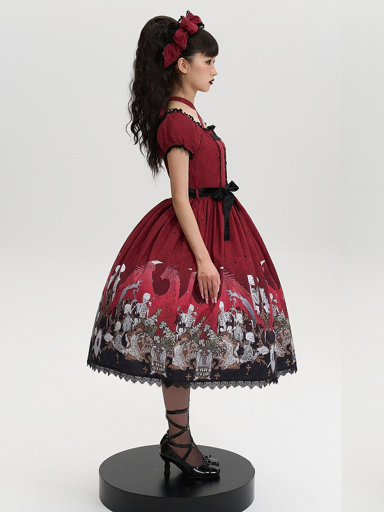 Lace Trim Black Dress Red Lolita and with Cross Print Skeleton Gothic