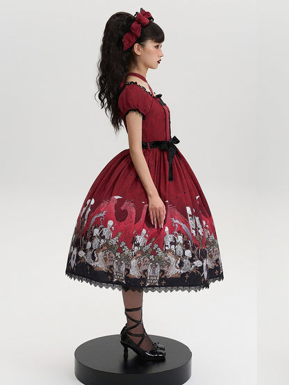 Lace Trim Black Dress Red Lolita and with Cross Print Skeleton Gothic