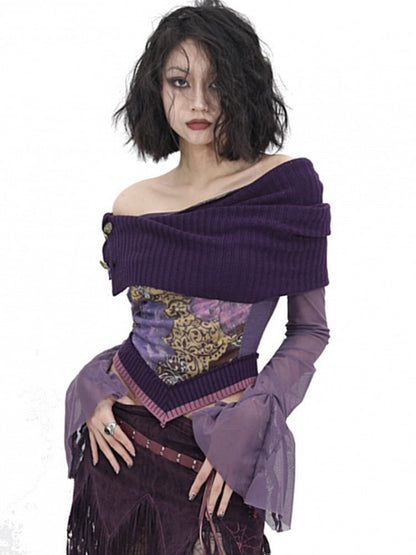 Sleeve Collar Floral - Accent Bell Knitted Top Purple Deep Print