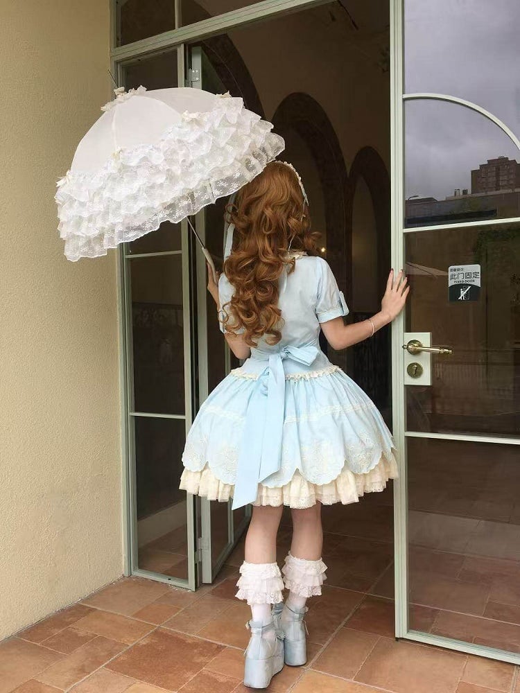 Blue Old School Lolita Cotton OP Dress with Embroidered Scallop Trim Skirt - Secret Tea Party