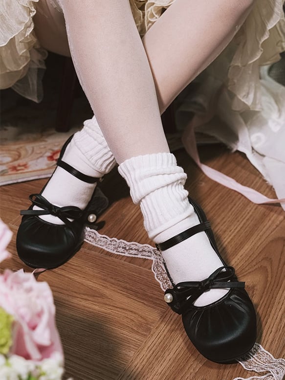 Low-heel Shoes Black Round Rhinestone - PU Buckle Bow Sweet Top Toe Knotted Heart at