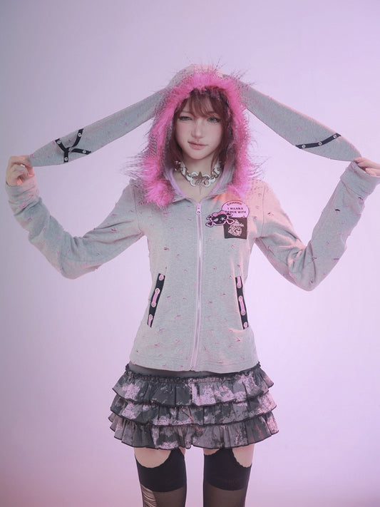 Punk Grey Oversized Bunny Ears Zip Hoodie