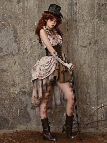 ブラウンのコルセットウエスト、フラウンスネックライン、ノースリーブトップス