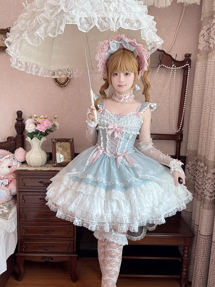 ライトティアードスカート ブルー バレエコア スイート ロリータ ジャンパー フラッタースリーブ 3層