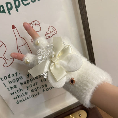 Schwarz/Weiß Niedliche Hasenohren Schleife Herz Perlen Spitze Details Plüschhandschuhe