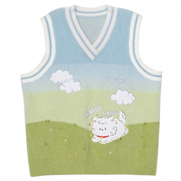 ブルー＆グリーングラデーションの子犬柄ニットベスト