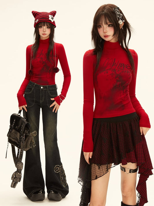 Red - Long Neck Top Design Sleeves Mock Kitten Letter Print Y2K