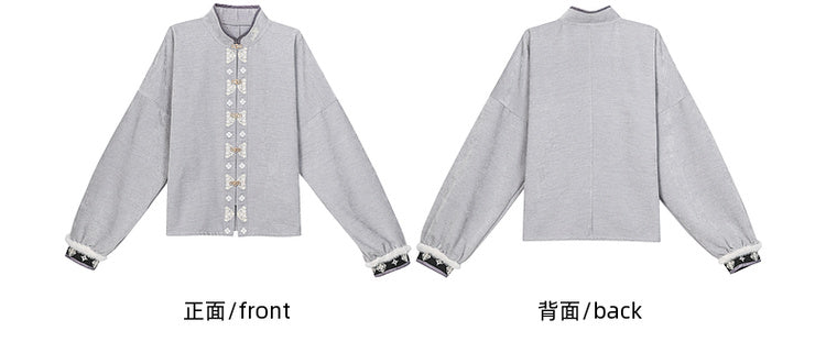 Gray Cheongsam Style Banded Collar Long-Sleeve Top