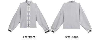 Graues Oberteil im Cheongsam-Stil mit Stehkragen und langen Ärmeln