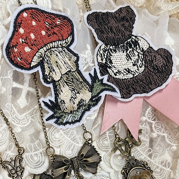 Mushroom and Teddy Bear Embroidery Brooch Options